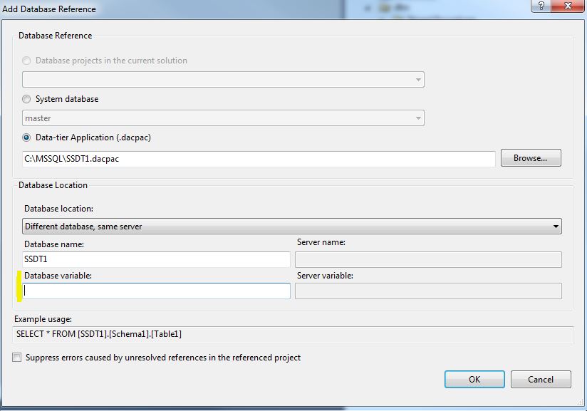 SSDT Add Database Reference Database Variable