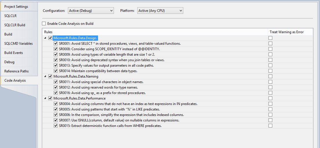 SSDT Project Settings Code Analysis