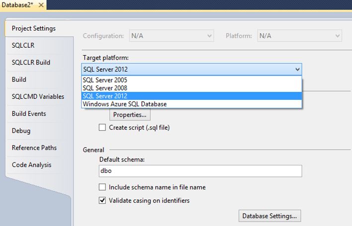 SSDT Project Settings Target Platform