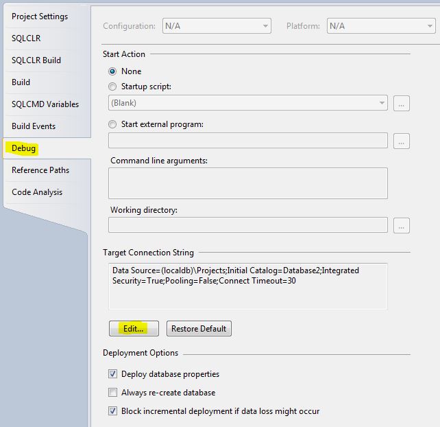 SSDT Properties Change Debug Database