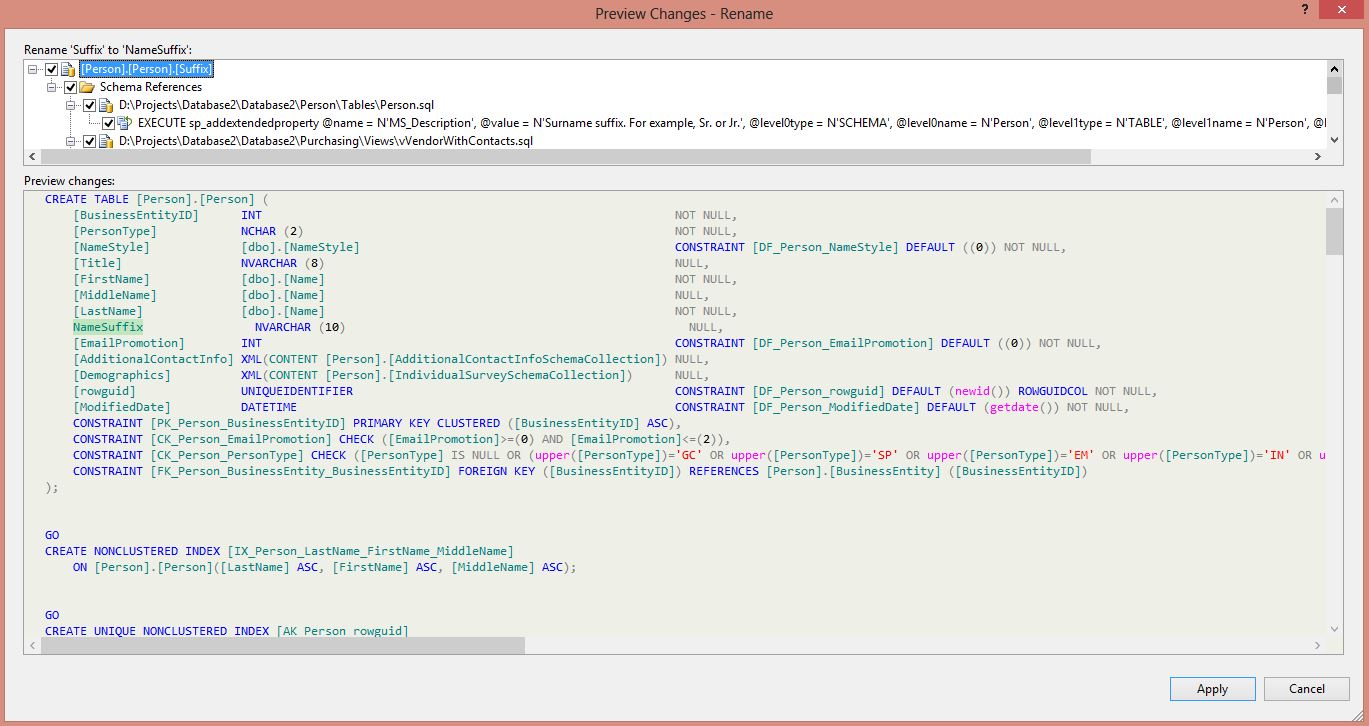 SSDT Refactor Preview Changes