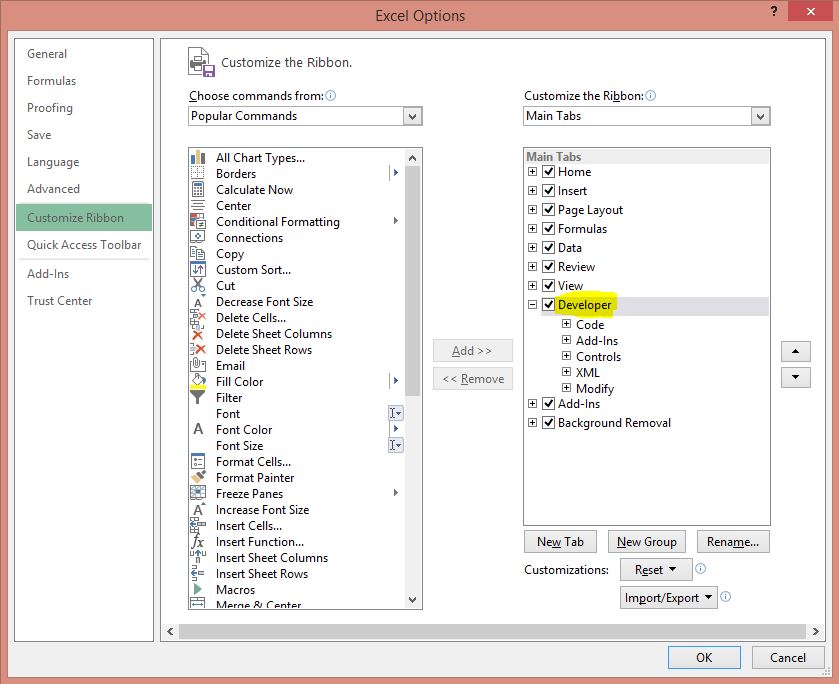 Excel Options Developer Checkbox