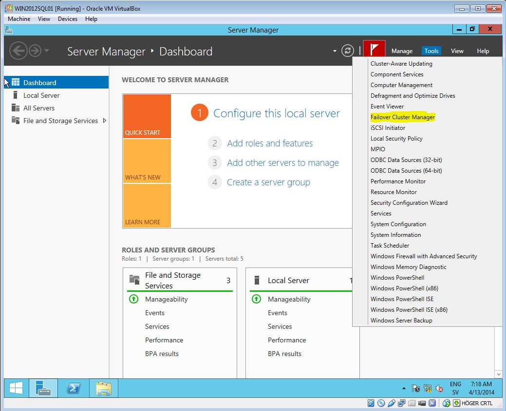 SQL Server Failover Cluster Failover Cluster Manager From Server Manager