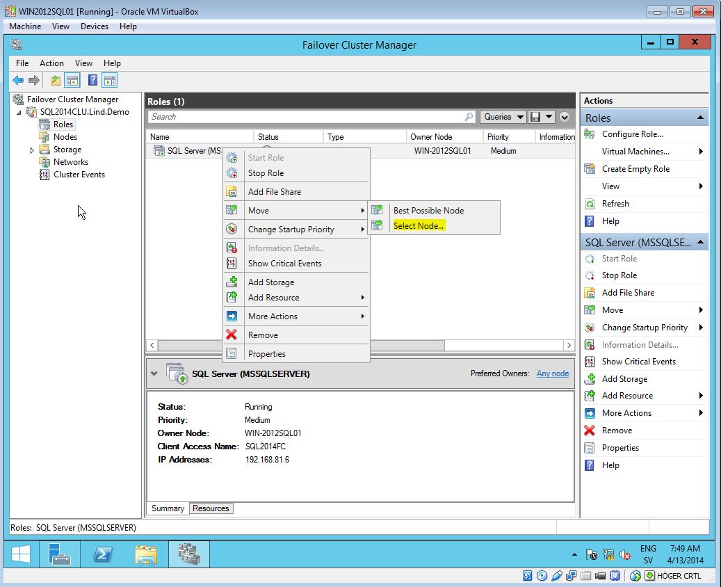 SQL Server Failover Cluster Failover Cluster Manager Select Node