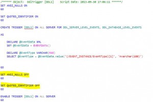 SSMS adds ANSI_NULLS and QUOTED_IDENTIFIER OFF when scripting DDL trigger.