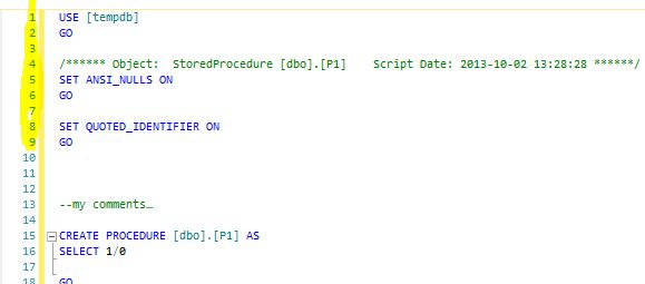 SQL Server Management Studio - scripting of objects and line numbers
