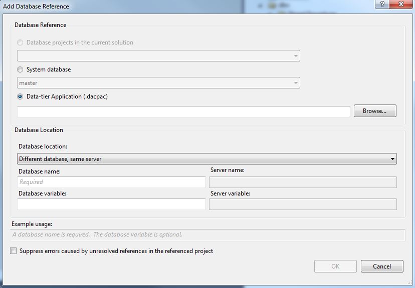 SSDT Add Database Reference Options Dialog