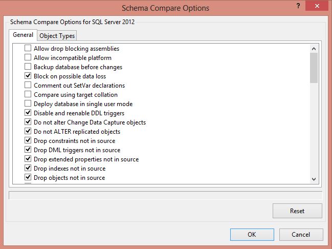 SSDT Schema Compare Options