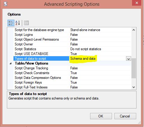 Generate And Publish Scripts Advanced Options