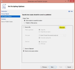 Generate And Publish Scripts Set Scripting Options