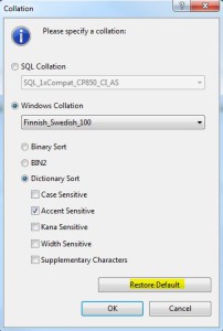 Collation Restore Default