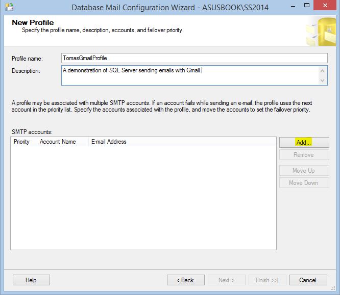 Configure Database Mail Add SMTP Account